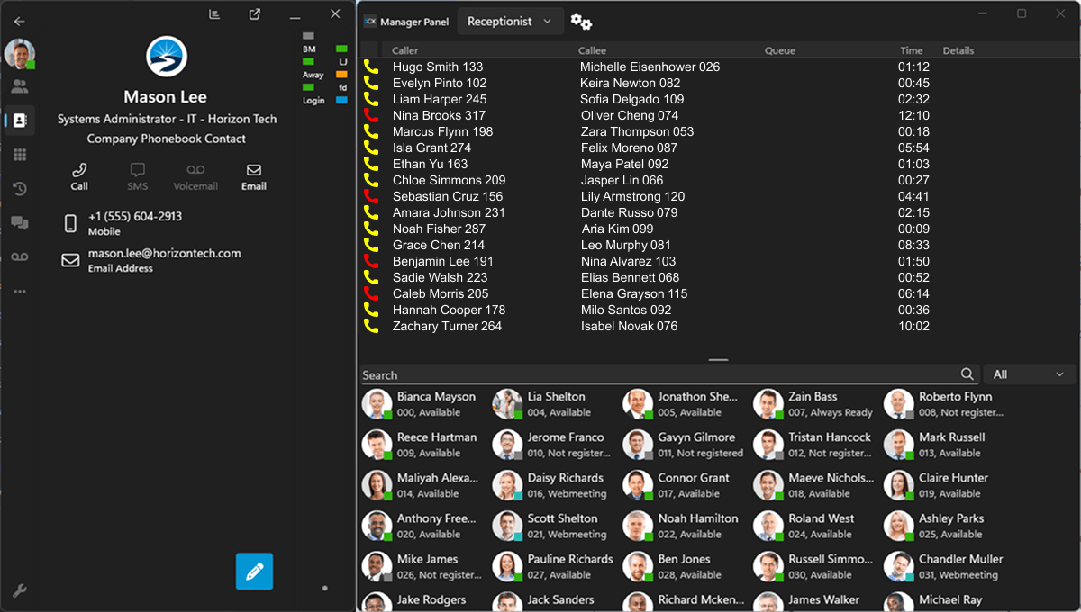 The 3CX manager panel, listing every extension with its status, beside a contact card offering call, SMS, voicemail and email.