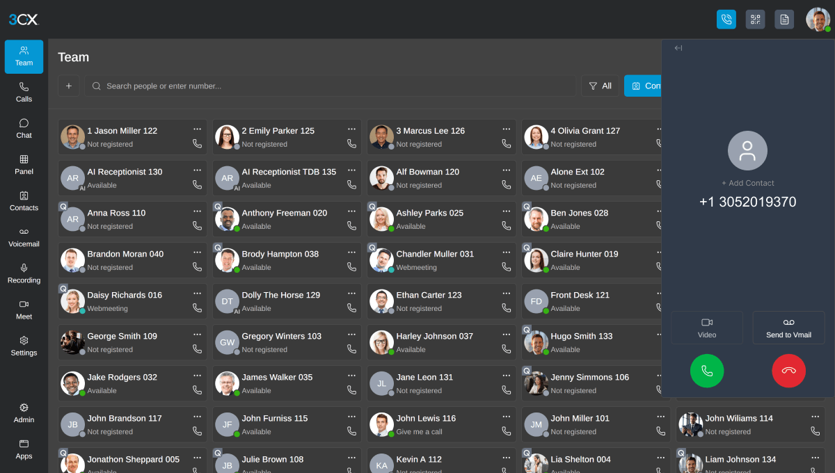 The 3CX Web Client in a browser, showing the team directory with presence and an incoming call.